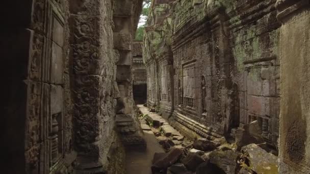 POV: idąc wąską ścieżką między dwoma pięknymi rozkładających się świątyń buddyjskich w Angkor Wat. Obserwując pozostałości starożytnej architektury azjatyckiej podczas spaceru wokół cichego kompleksu Świątynnego w Kambodży. - Materiał filmowy, wideo