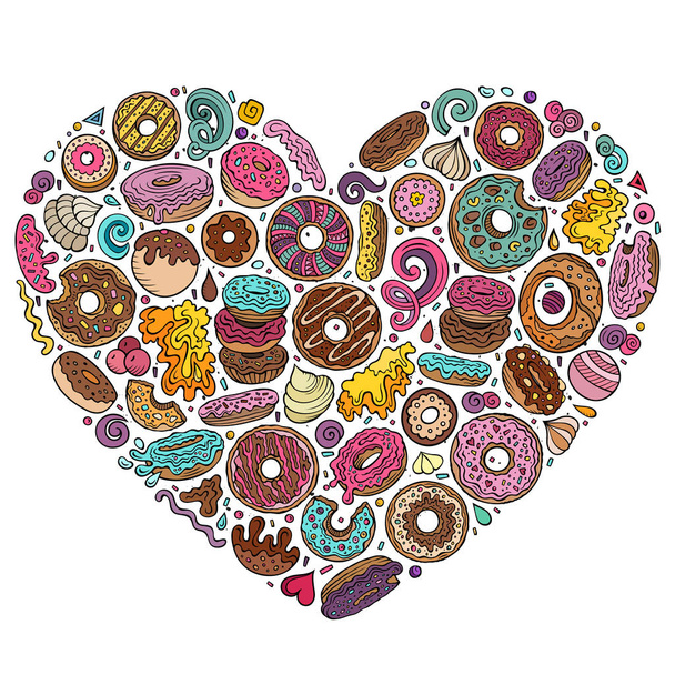 Colorful vector hand drawn set of Donuts cartoon doodle objects - Διάνυσμα, εικόνα