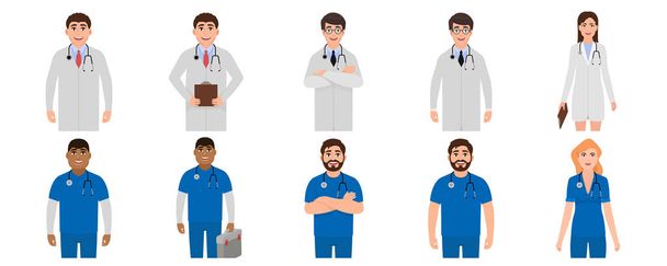 Мужчины и женщины врачи аватары набор икон, персонажи медицинского персонала в стиле мультфильма, векторные иллюстрации
 - Вектор,изображение