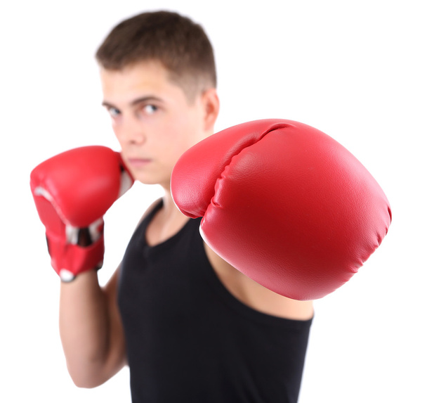 Handsome young muscular boxer isolated on white - Fotoğraf, Görsel