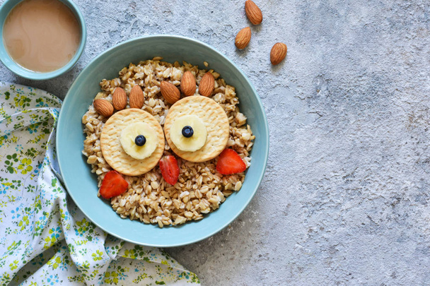 Owl bird - funny porridge for children. Breakfast for children. - Foto, Bild