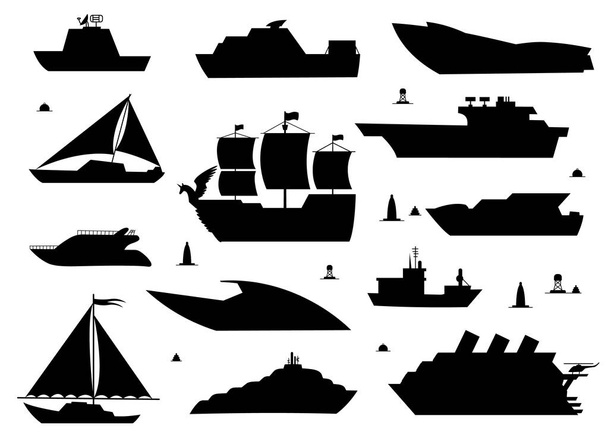 Силуэты морских кораблей. Лодки приспособлены к открытому морю для прибрежных перевозок, торговли и путешествий. Векторная иллюстрация в плоском стиле на белом фоне
. - Вектор,изображение
