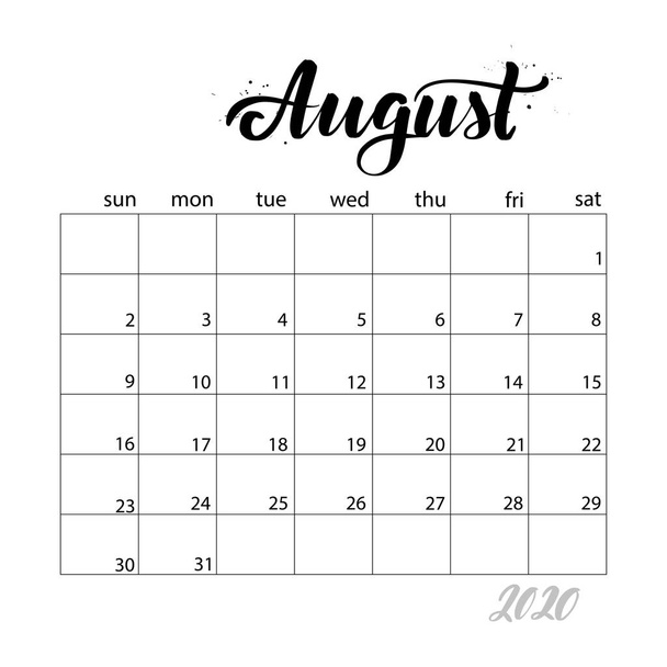 August. Monthly calendar for 2020 year - Vector, Image