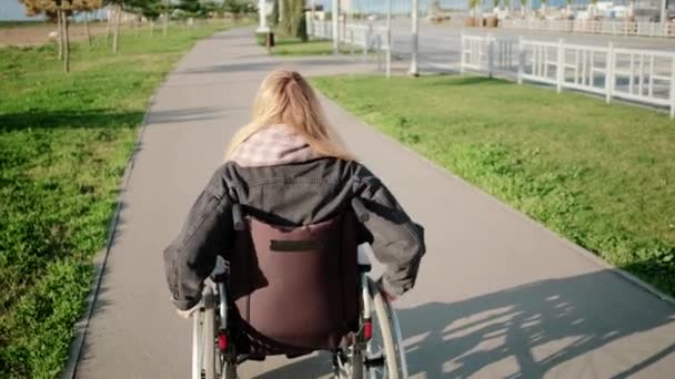 Woman in wheelchair on outdoor walk - Footage, Video