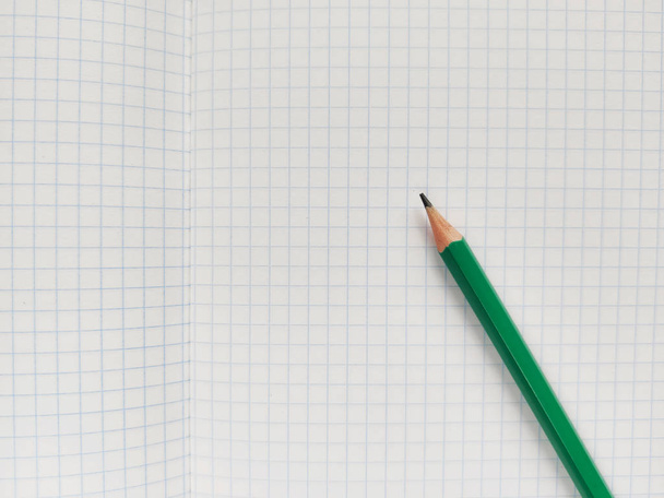 Zelená tužka si ponechá bílou šešovanou knihu bez poznámek. Školní zápisník v kleci. Vyprázdnit Poznámkový blok se čtvercovou texturou - Fotografie, Obrázek