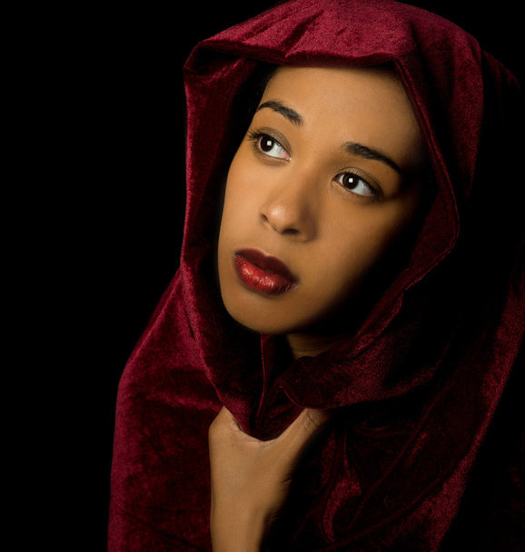 Gorgeous African American woman wearing a burgundy velvet shawl - Photo, Image