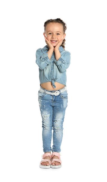 Full length portrait of cute little girl on white background - Фото, изображение