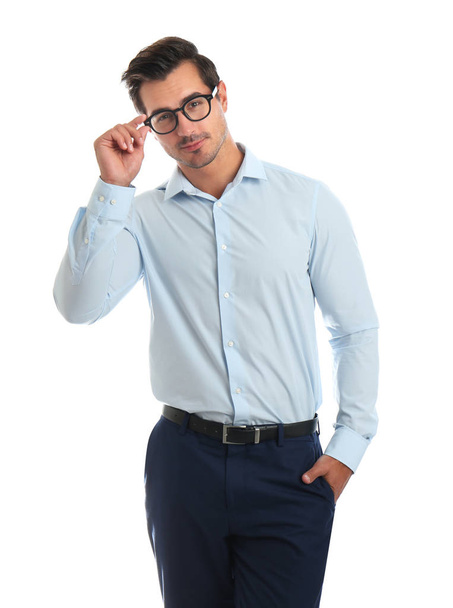 Young man with glasses on white background - Foto, Imagem
