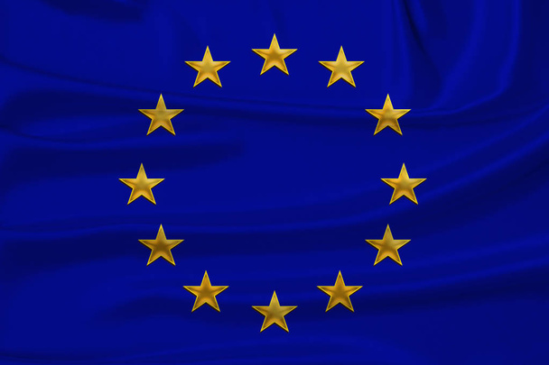 stylized European Union flag, symbol of united Europe on soft silk with soft folds, close-up - Фото, зображення