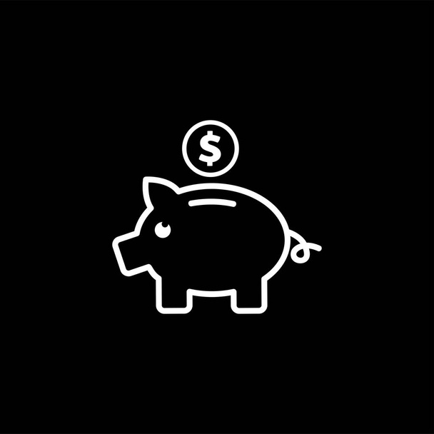 Piggy Bank Line Icon On Black Background. Black Flat Style Vector Illustration. - Vector, Image