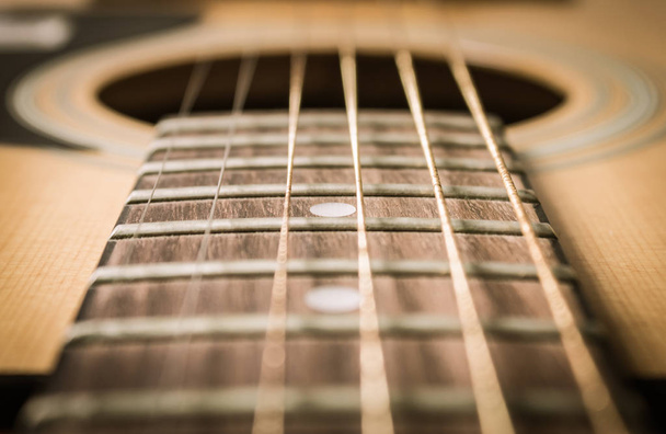 Close Up Fingerboard and Inlay of Acoustic Guitar in Vintage Ton - Photo, Image