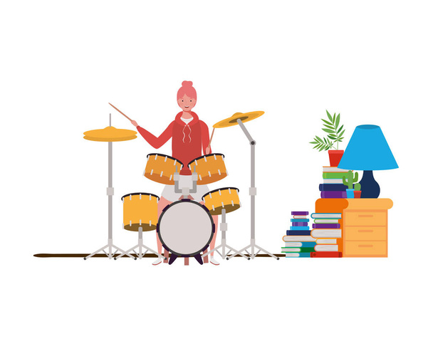 young woman with drum kit on white background - Vector, Image