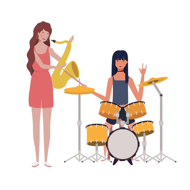 women with musicals instruments on white background - Vector, Image