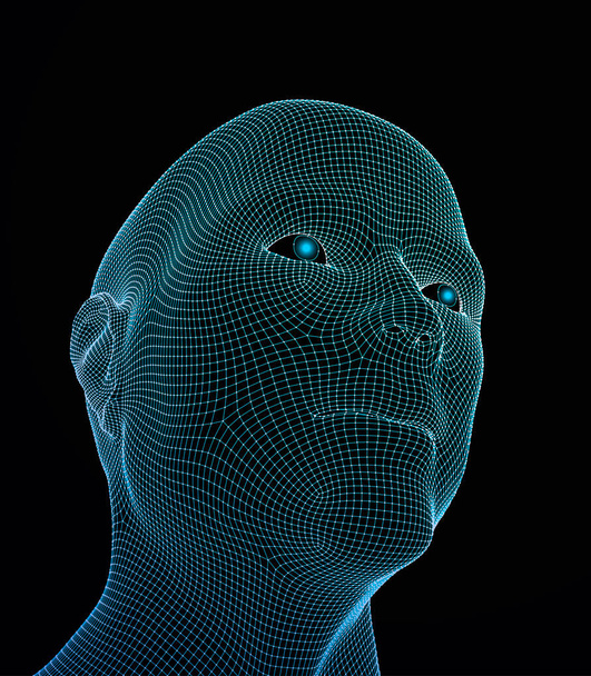 3D-Vektorkopf aus dem Raster. Künstliche Intelligenz. 3D geometrisches Gesicht Design. Biometrische Abbildung - Vektor, Bild