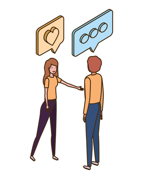 couple of people standing with speech bubble on white background - Vector, Image