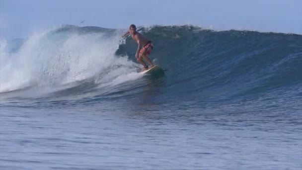 Повільний рух: Cool чоловіків серфінгу кордоні вирізає великий склоподібного хвиля Мороперерва в літній час. Дивовижний постріл спортивного Pro Rider серфінгу красивий глибокий синій Океанські хвилі під час його епічного відпочинку в Фіджі. - Кадри, відео