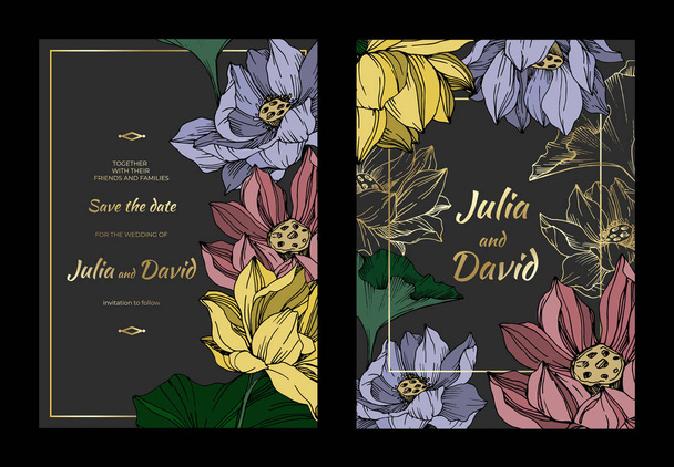 Vector Lotus floral botanical flowers. Black and white engraved ink art. Wedding background card decorative border. - Vector, Image