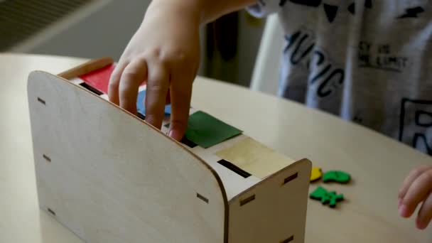 dziecko autystyczne zbiera zagadki w kształtach i kolorach w klasie zbliżenie kolorów - Materiał filmowy, wideo