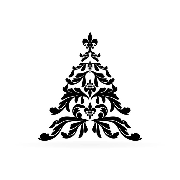Black christmas tree on white background. Party poster, greeting card, banner or invitation. Stylized white snowflake christmas tree. Vintage xmas greeting design. Vector illustration. - Vektor, Bild