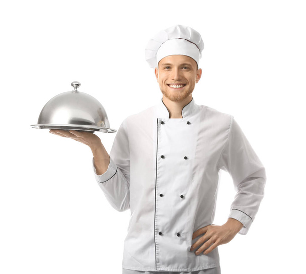 Красивый шеф-повар с подносом и клешем на белом фоне
 - Фото, изображение