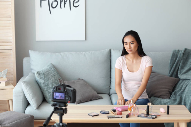 Asian beauty blogger recording video at home - Foto, Imagem