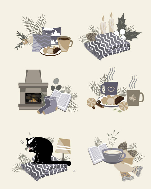 Illustration vectorielle mignonne de compositions d'éléments hygge d'automne et d'hiver isolées sur fond blanc
 - Vecteur, image