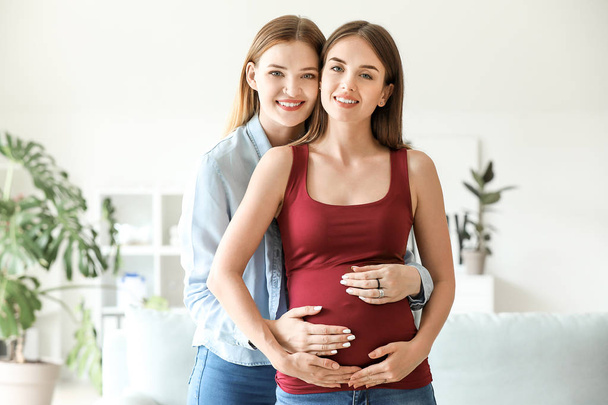Happy pregnant lesbian couple at home - Zdjęcie, obraz