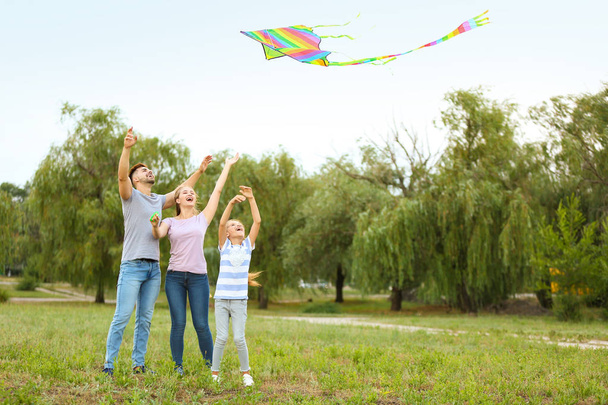 Счастливая семья запускает воздушного змея на открытом воздухе
 - Фото, изображение