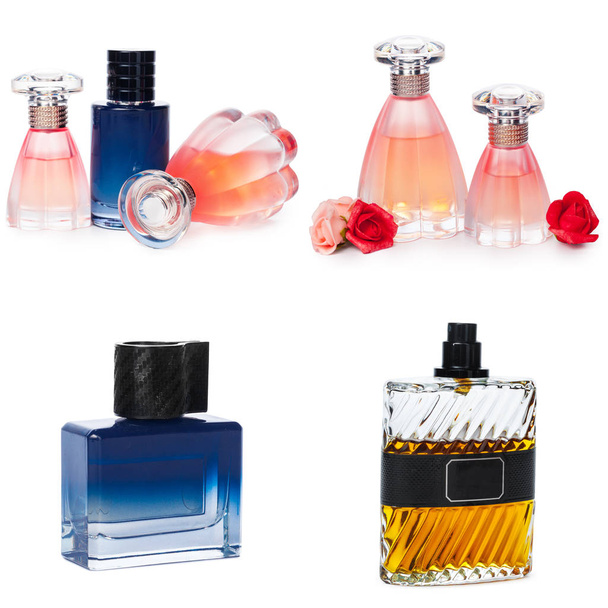 Collage of luxury perfumes isolated on white background - Foto, afbeelding