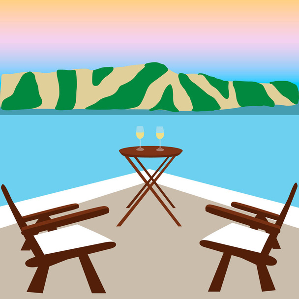 Twee houten stoelen op balkon met uitzicht op zee - Vector, afbeelding