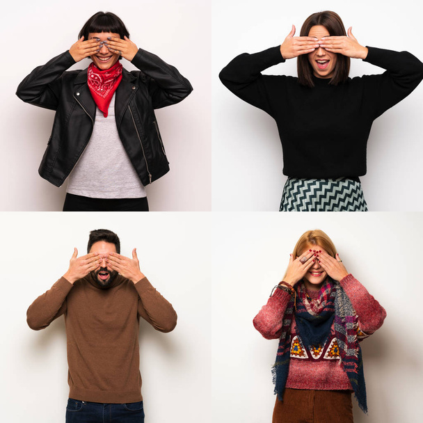 Set of people covering eyes by hands. Surprised to see what is ahead - Foto, afbeelding