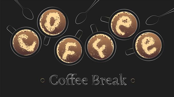 Diseño de póster o pancarta con letras de "coffee break" en el fondo negro. Grupo de tazas de café con nata y cucharas. Ilustración vectorial para tarjeta, póster, portada, banner
. - Vector, imagen