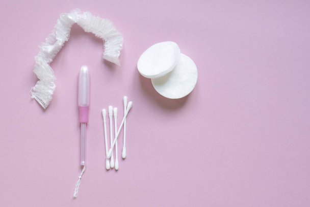 Beautiful flatlay hygienic and women's accessories on pink with  - Φωτογραφία, εικόνα