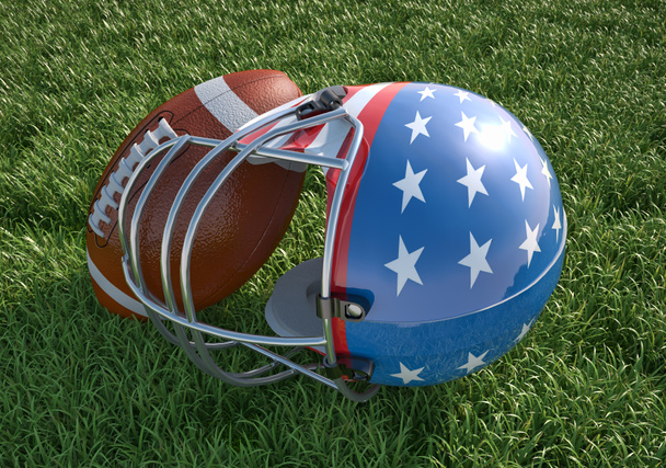 Amerikan futbolu kaskı ve çim üzerinde topu. yakın çekim. - Fotoğraf, Görsel
