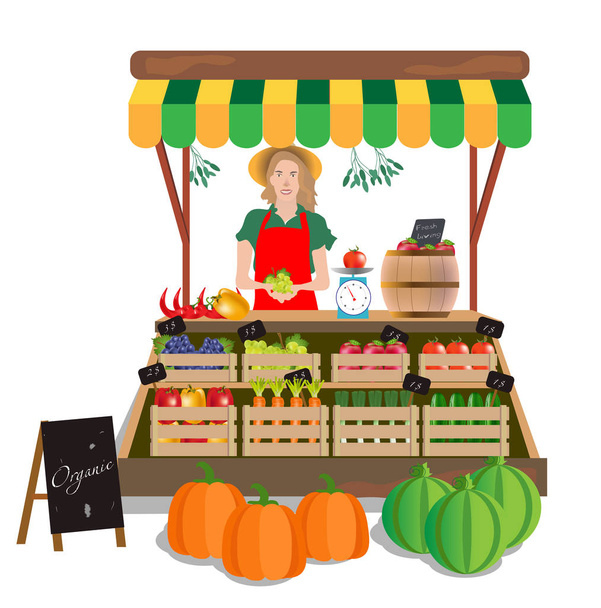 Onnellinen hymyilevä viljelijä paikallinen myyjä merkki seisoo lähellä hänen myymälä ja myydä hedelmiä ja vihanneksia. Maatilan maatalouden käsite
.  - Vektori, kuva