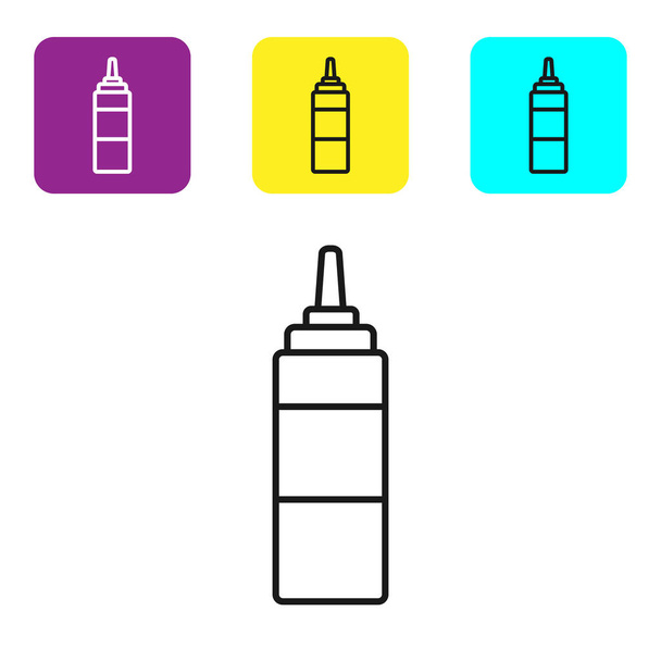 Черная линия Соус бутылку значок изолирован на белом фоне. Кетчуп, горчица и майонезные бутылки с соусом для быстрого питания. Настроить иконки красочные квадратные кнопки. Векторная миграция
 - Вектор,изображение