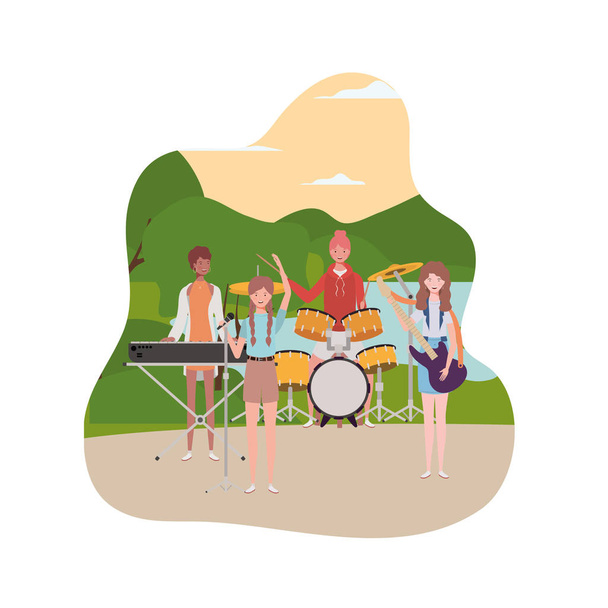 жінки з музичними інструментами і пейзажем
 - Вектор, зображення