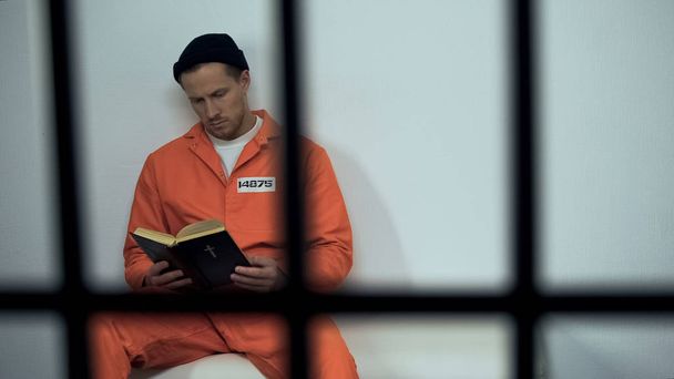 Caucasian prisoner reading bible in cell, convicted sinner turning to religion - Foto, afbeelding