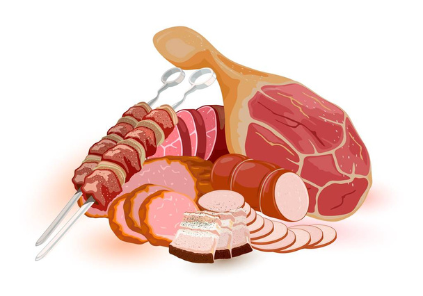 Big set with raw and prepared meat products: salo, bacon, sausage, steak, shashlik, barbeque, gigot. - Vector, Image