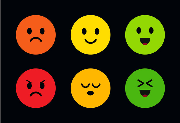 Multi-colored round cute faces with different facial expressions. Icons of face with different moods from evil to good, from happy to sad. Funny and cute emoticons on a black background. Vector icons. - Vector, Image