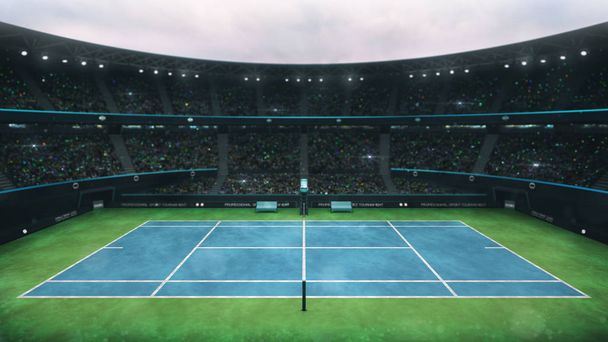 μπλε και πράσινο γήπεδο τένις με ανεμιστήρες κατά τη διάρκεια της ημέρας, πάνω όψη - Φωτογραφία, εικόνα