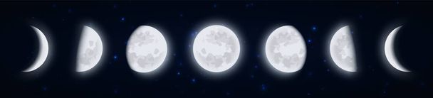 Hold fázisok ikon készlet, Hold fázisok az éjszaka csillagos ég, formája a közvetlenül napsütötte része a Hold, mint a földről nézve. Föld műholdas ikonok, vektor illusztrátorok. - Vektor, kép