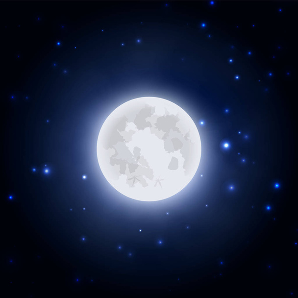 Realistic moon icon on blue dark night sky background, vector illustration. - Vector, Image