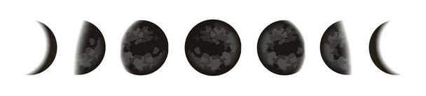 Icônes de lunes noires posées, phases lunaires dans le ciel étoilé nocturne, Forme de la partie directement ensoleillée de la Lune vue de la Terre, illustration vectorielle
. - Vecteur, image