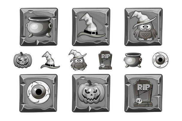 Halloween icons on stone square. Halloween style icon set in bleached color - Vector, Image