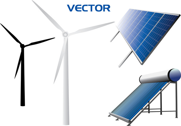 Iconos vectoriales del sistema solar de calentamiento de agua, paneles solares, turbinas eólicas
 - Vector, Imagen