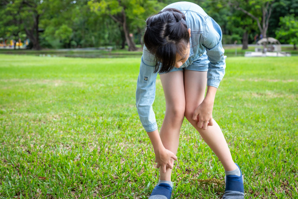 Asian little child girl itching her leg from insect bites,mosquito bite,itching of skin diseases,girl scratching leg with hand,allergy,rash in the grass in outdoor park,ringworm,tinea problem,atopic dermatitis,healthcare and medicine concept - Photo, Image