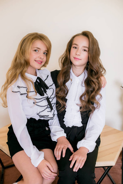 Two cute girls schoolgirls with long curly hair in fashionable school clothes. School fashion in vintage elite style. - Fotoğraf, Görsel