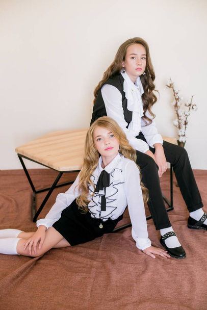 Two cute girls schoolgirls with long curly hair in fashionable school clothes. School fashion in vintage elite style. - Fotografie, Obrázek