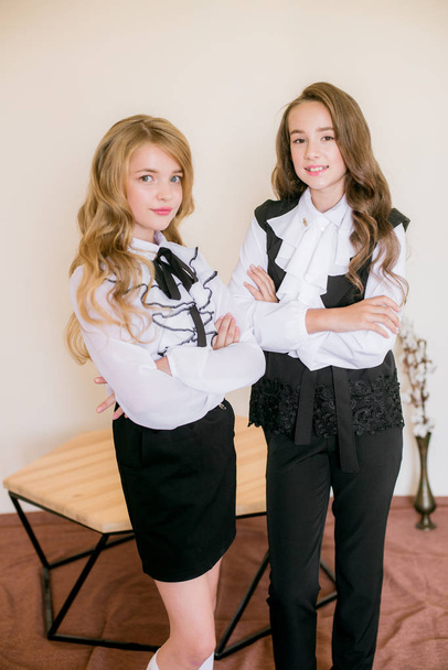 Two cute girls schoolgirls with long curly hair in fashionable school clothes. School fashion in vintage elite style. - Фото, зображення